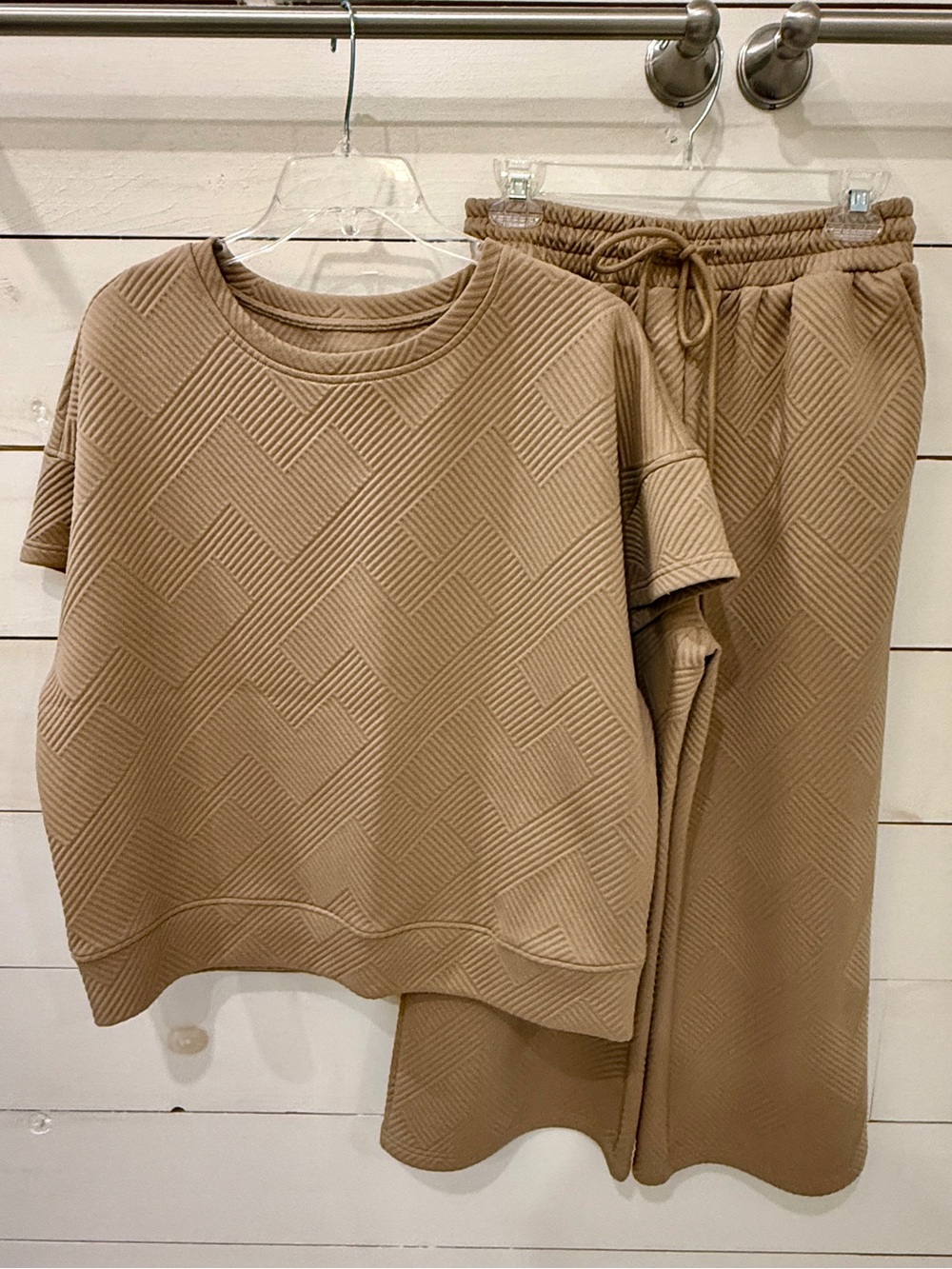 SHEIN Taupe Textured Short Sleeve Top & Wide-Leg Lounge Pants Set